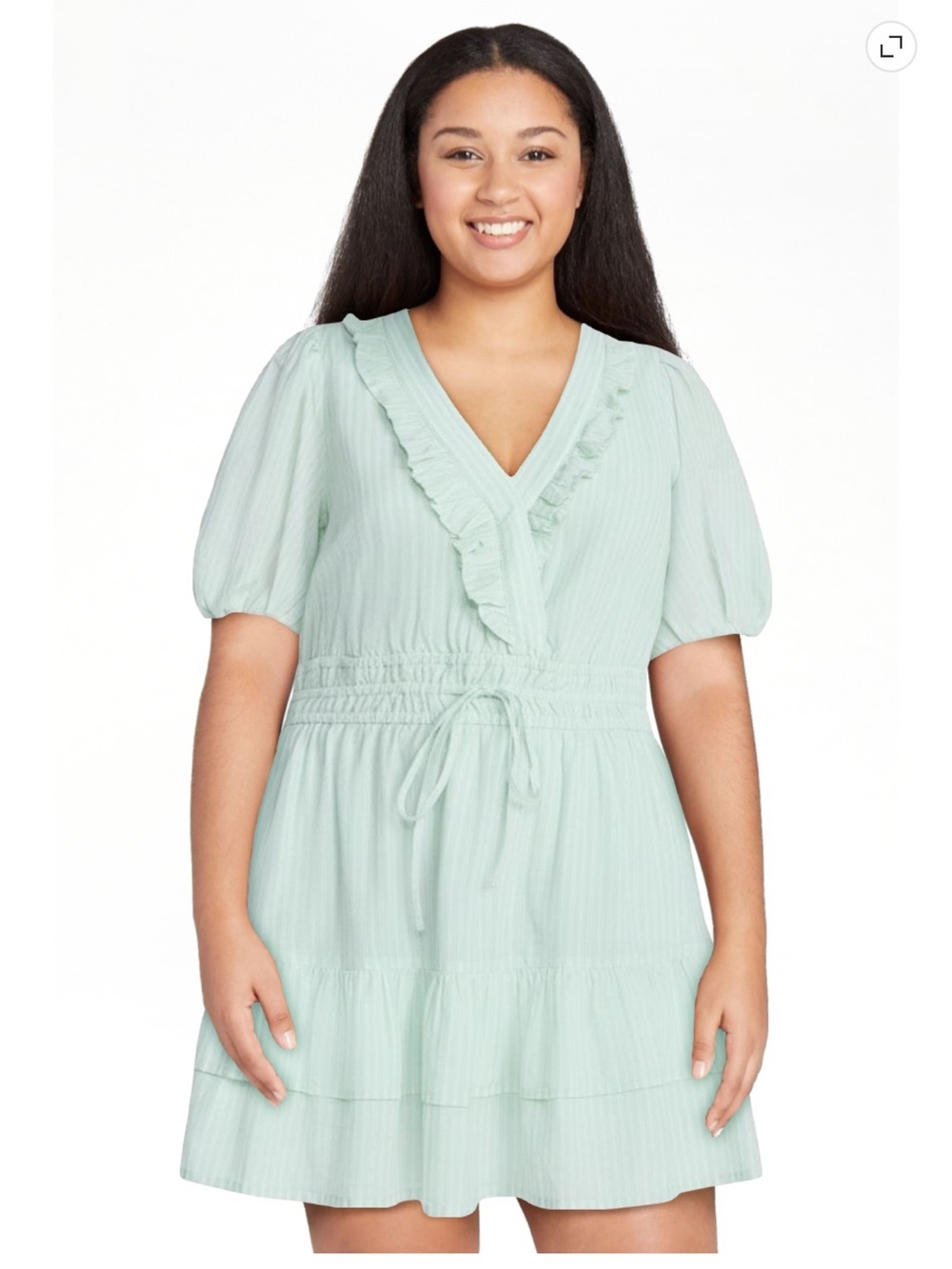Free Assembly Women's Tiered Ruffle Mini Dress with Short Puff Sleeves